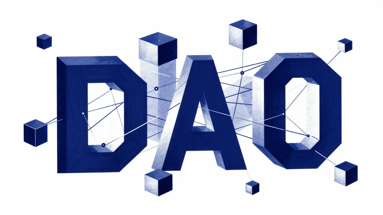 Abstract geometric blocks representing DAOs and decentralized legal structures.