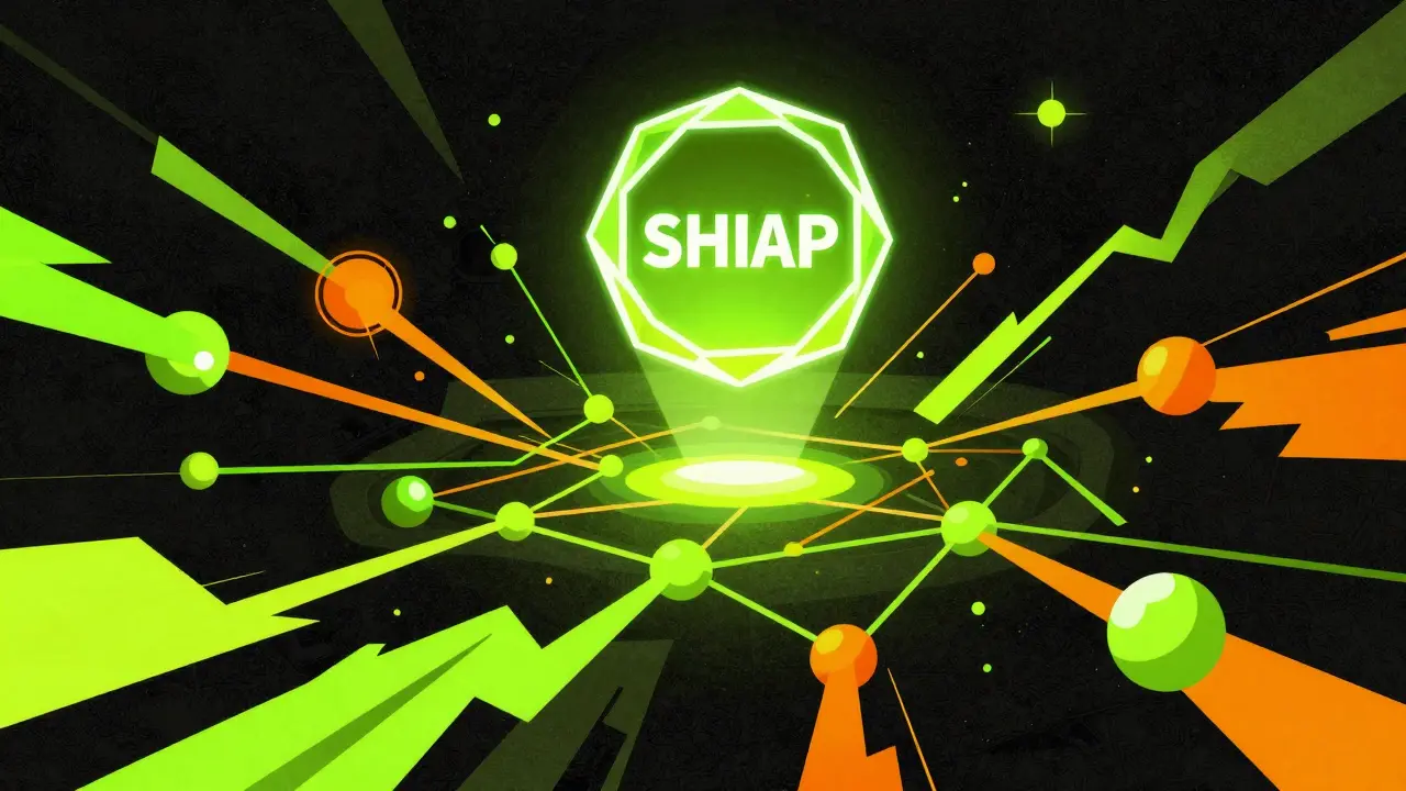 Abstract geometric SHRAP token and blockchain network nodes, graphic illustration.