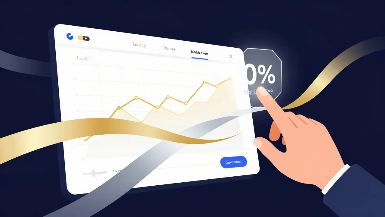 Abstract illustration of a clean trading interface with fee rebate symbols
