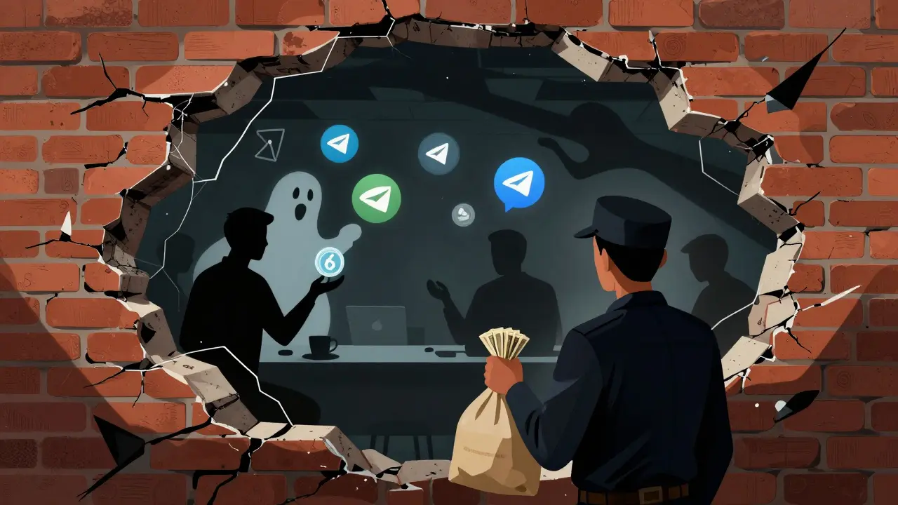 Artistic depiction of secret underground crypto trading with agents exchanging cash and tokens.