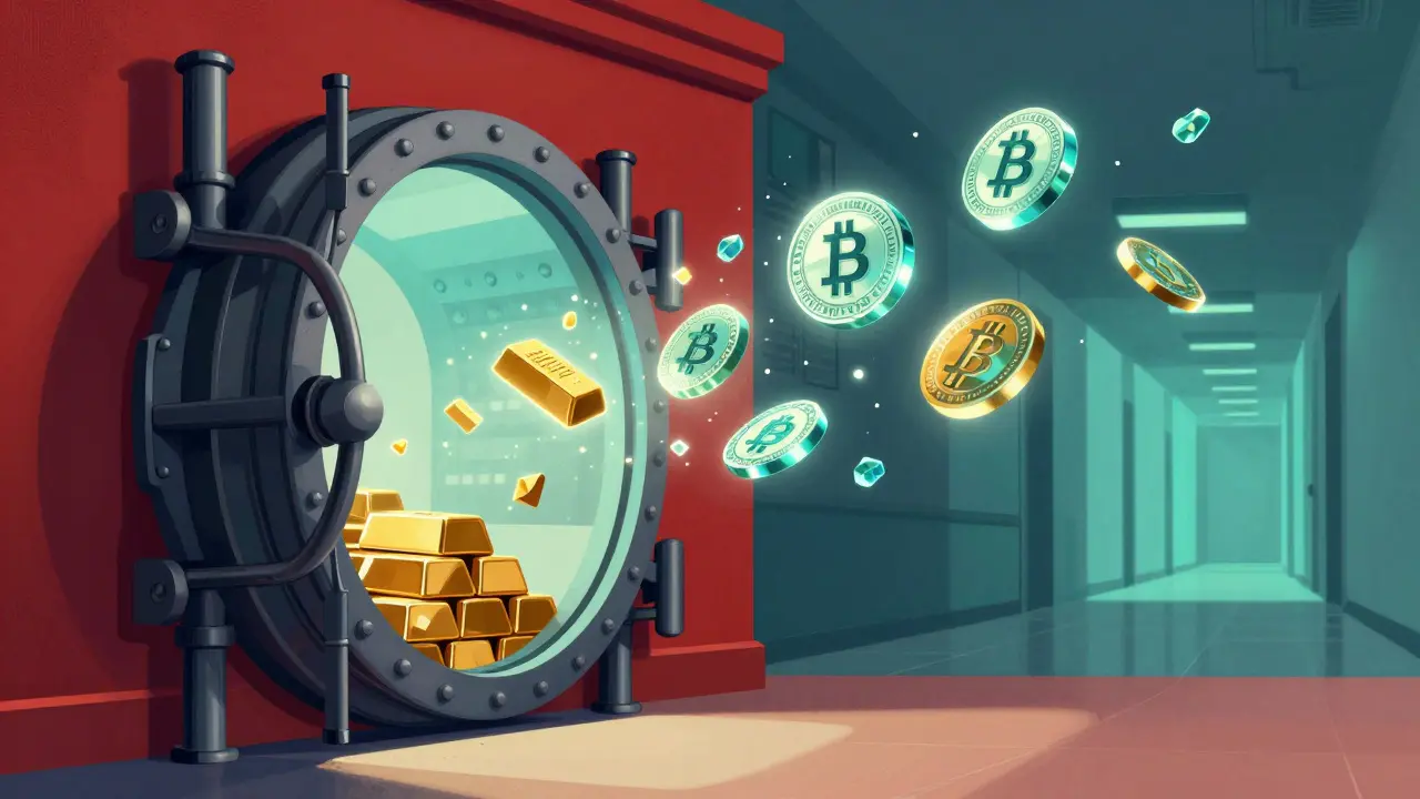 Bank vault releasing glowing digital tokens, illustrating SPDI banking innovation.