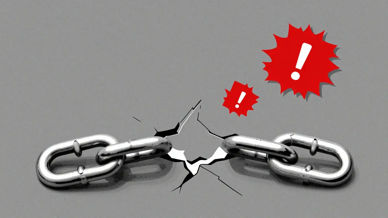Broken chain and red warning shapes symbolizing a dead crypto contract