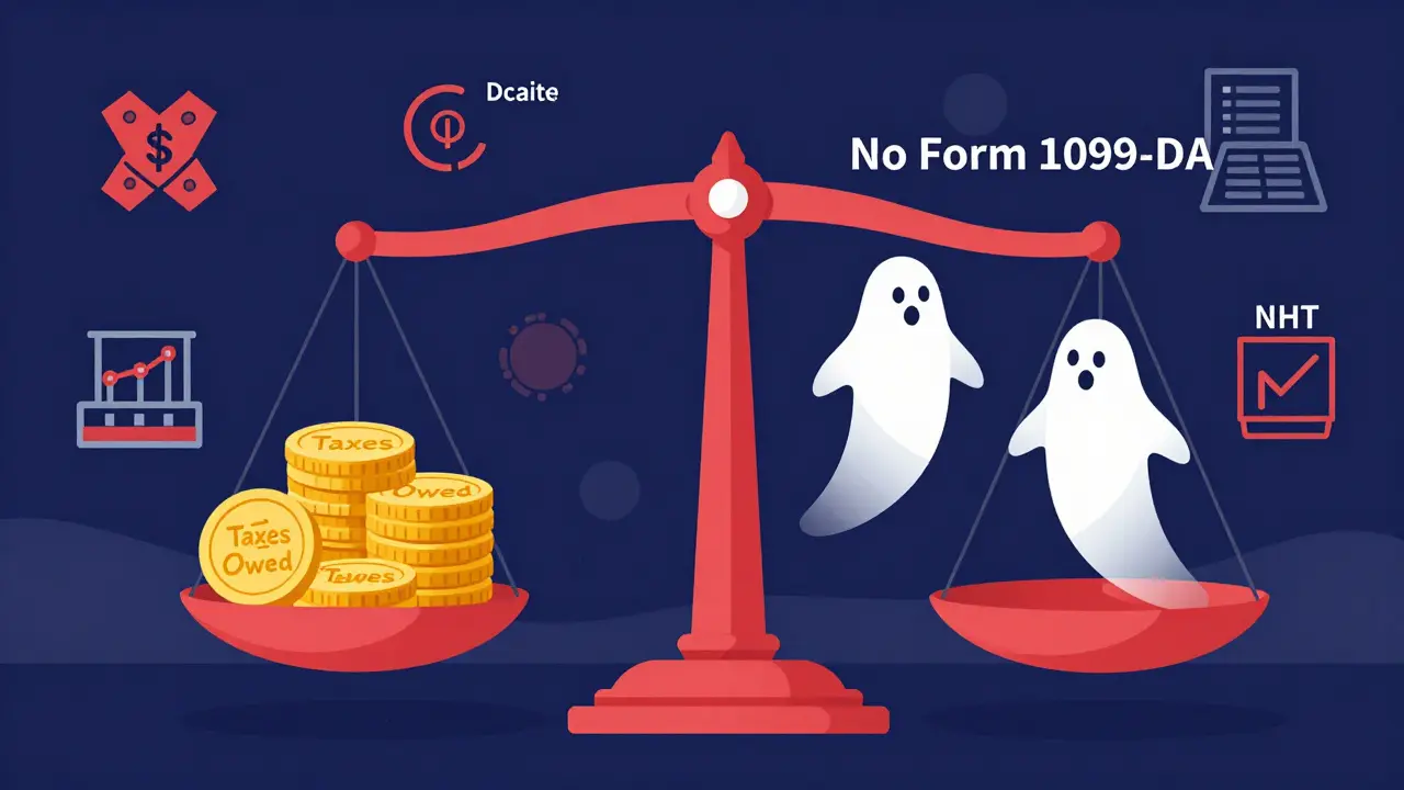 Conceptual poster illustrating that DeFi users still owe taxes despite no automatic form reporting from platforms.