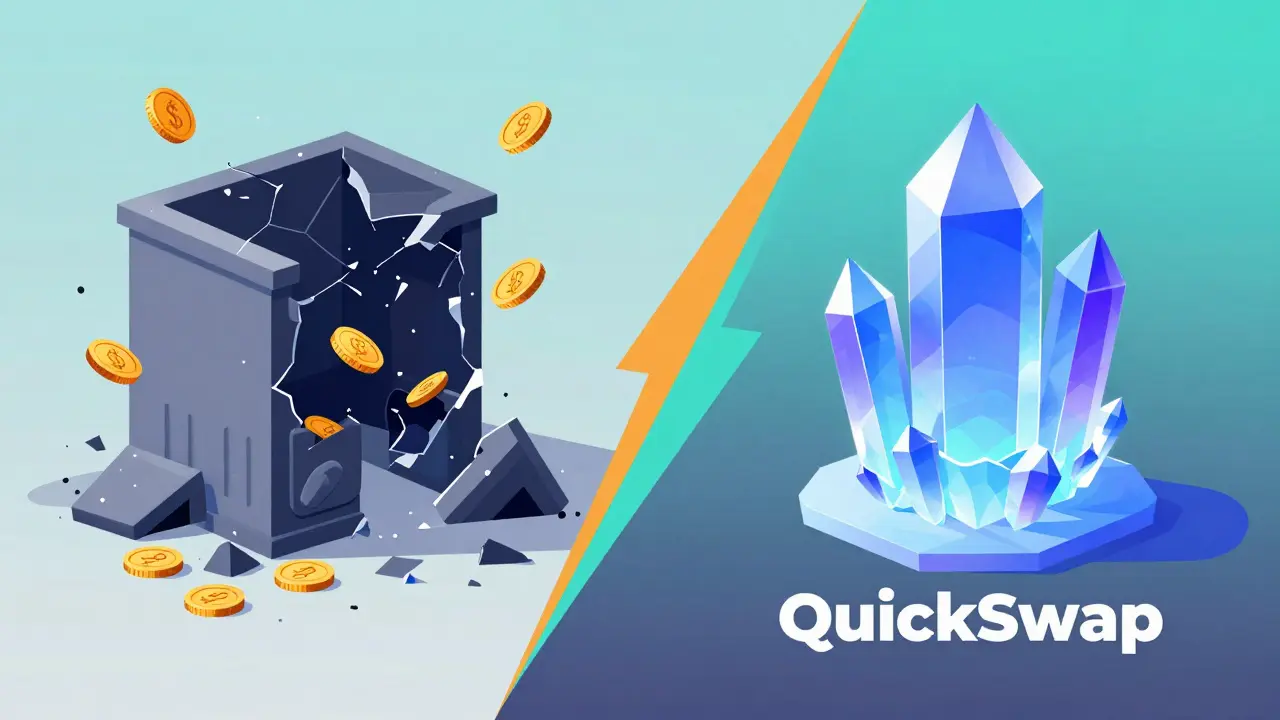 Contrast between crumbling fraud structure and stable QuickSwap crystal tower