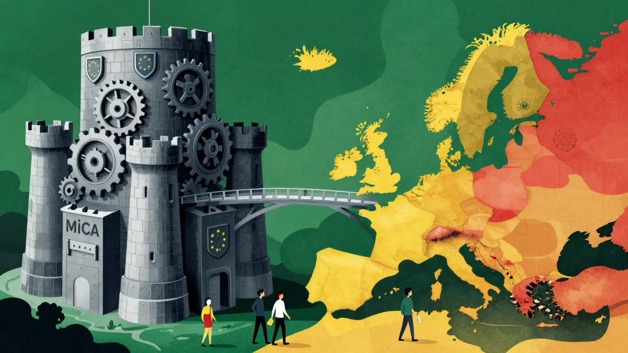 Contrasting fortresses representing EU and US crypto regulatory approaches