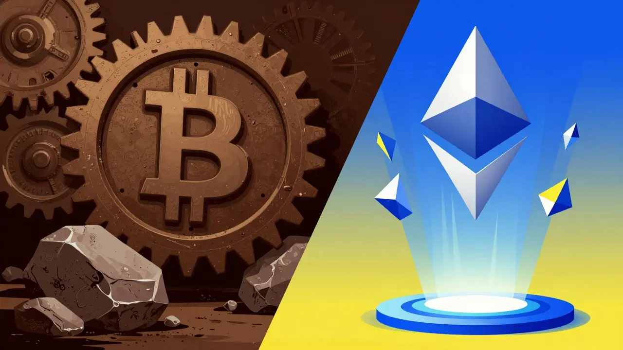 Contrasting slow gears and fast light pillars symbolizing Bitcoin vs Ethereum consensus.