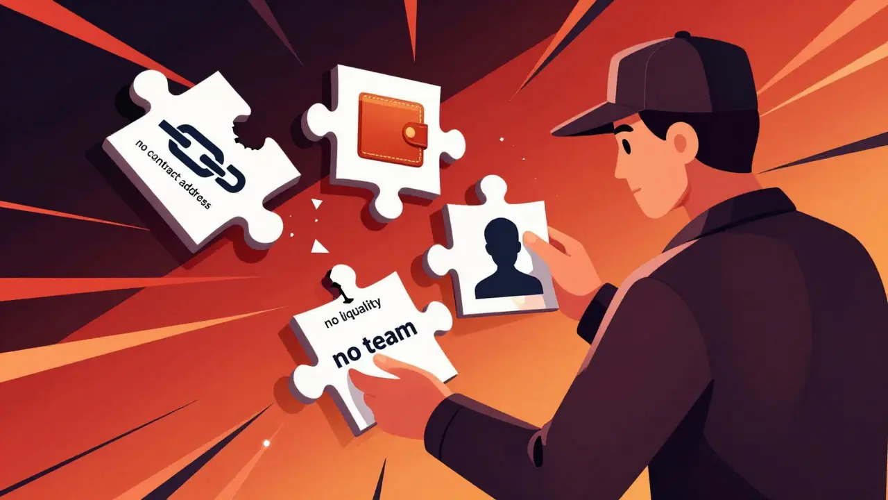 Detective examining missing crypto data fragments like contract and liquidity