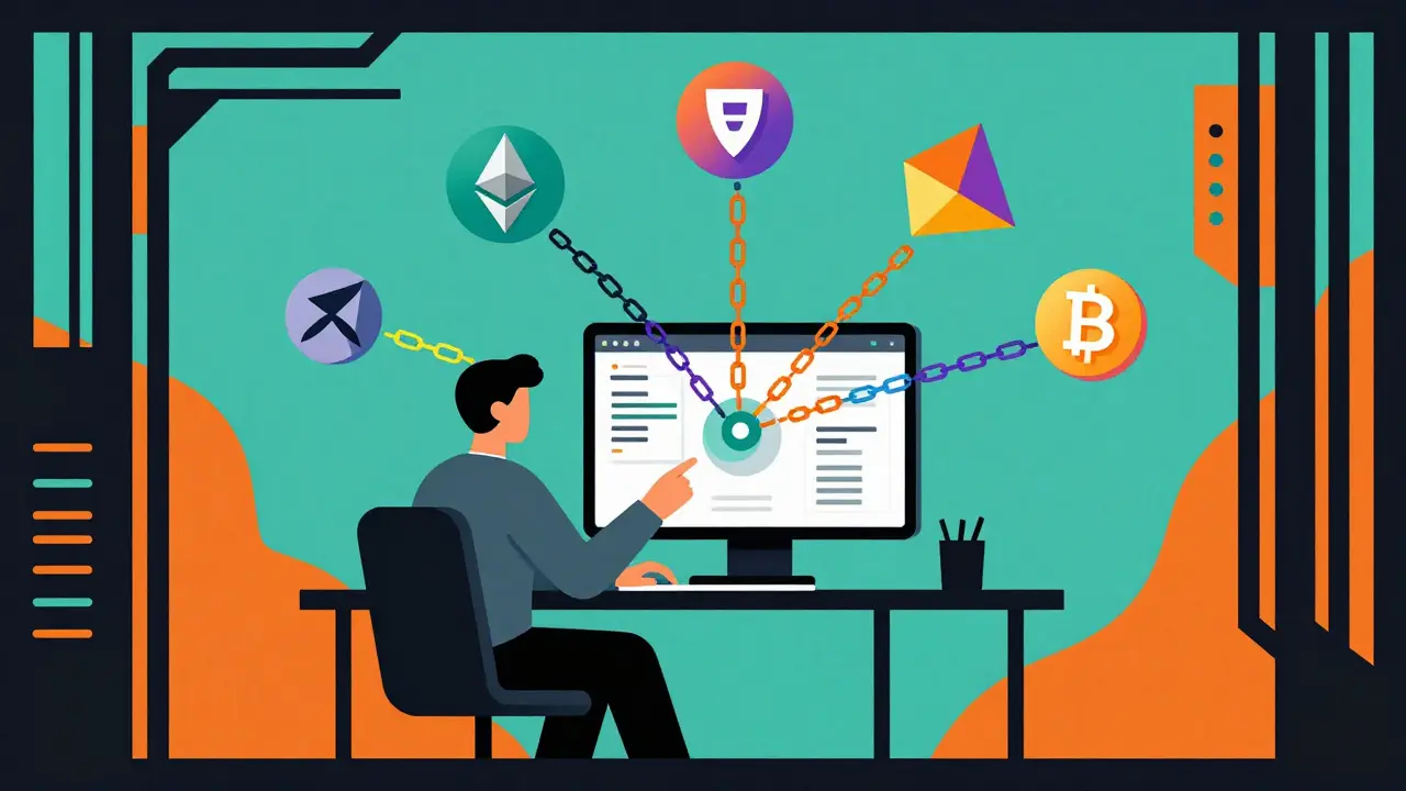Developer connecting multiple colorful blockchain chains into a unified interface