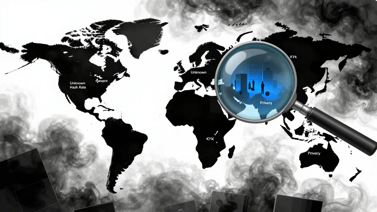 Digital map showing known mining pools versus anonymous hash rate, highlighting privacy debates.