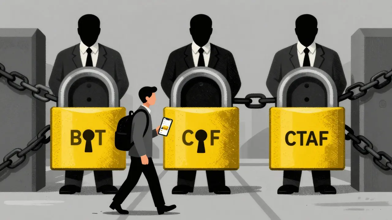 Faceless regulators block a traveler with padlocks, illustrating strict enforcement