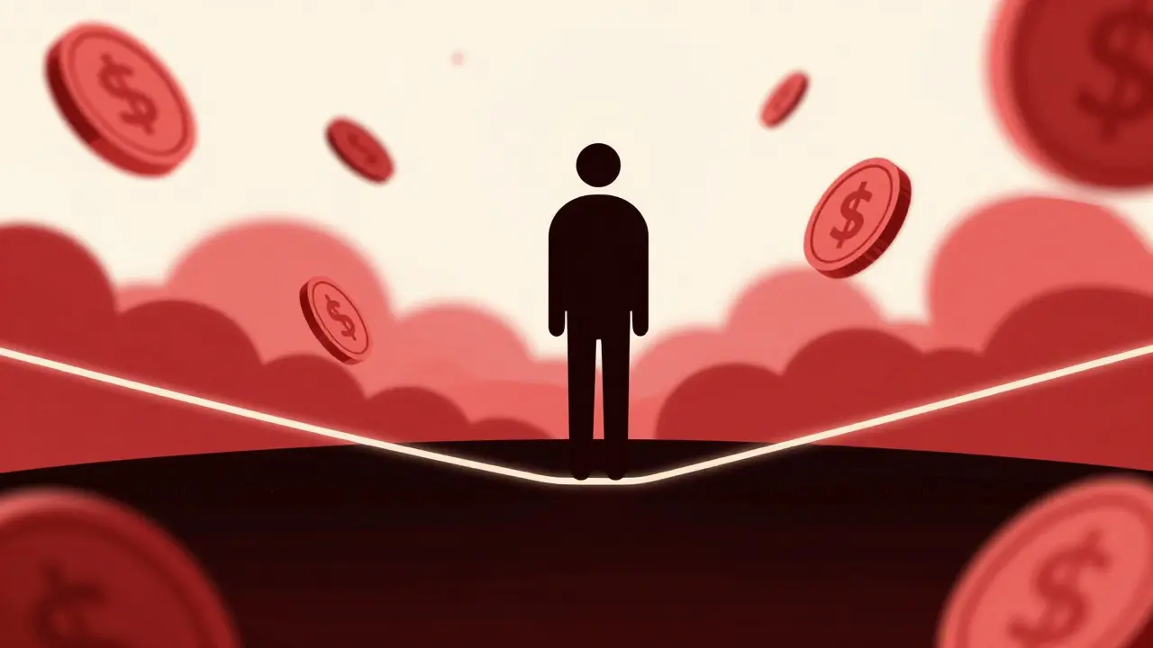 Figure balancing on a tightrope over a void, illustrating concentrated liquidity and risk.
