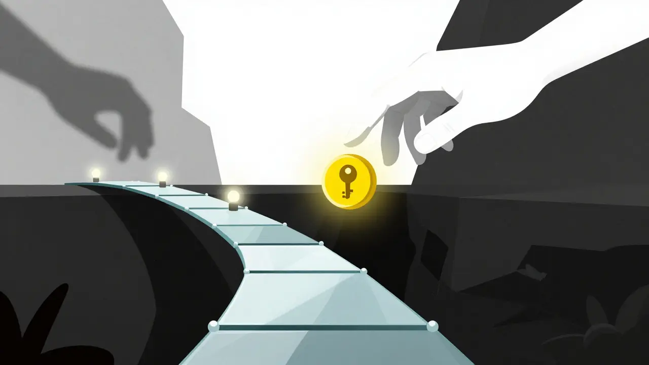 Fragile bridge over abyss symbolizing crypto risk and volatility, high contrast art.