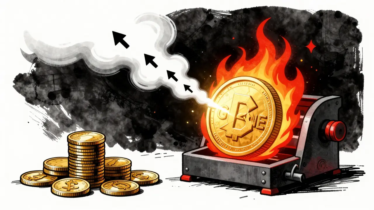 Golden coin burning in furnace with rising smoke, symbolizing deflationary tokenomics