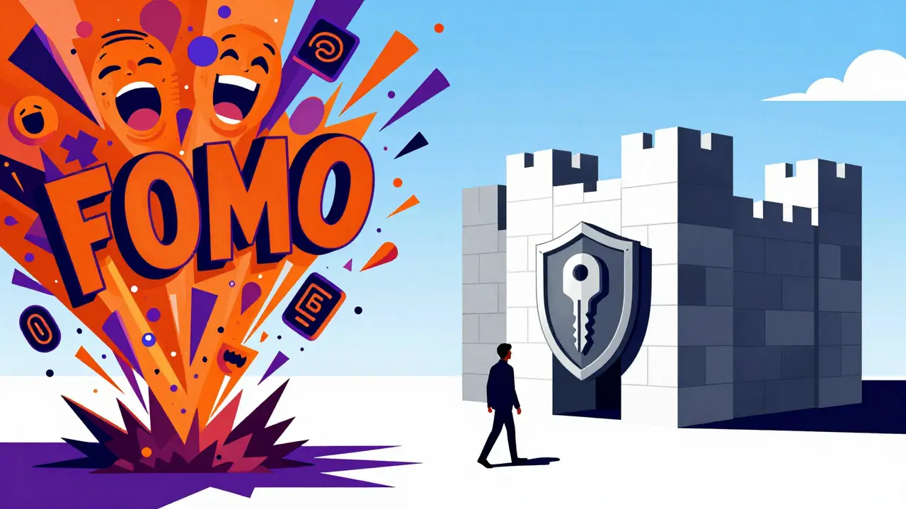 Graphic art contrasting chaotic hype storm with a secure, structured fortress