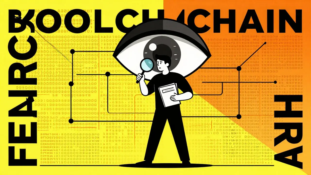 Graphic art depicting a taxpayer manually tracking blockchain transactions while being monitored by IRS analytics.