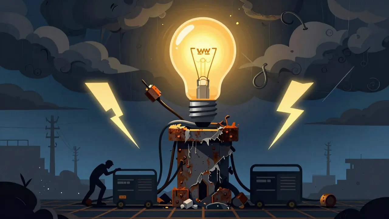 Graphic art showing a fragile power source balanced on decaying infrastructure, representing grid instability.