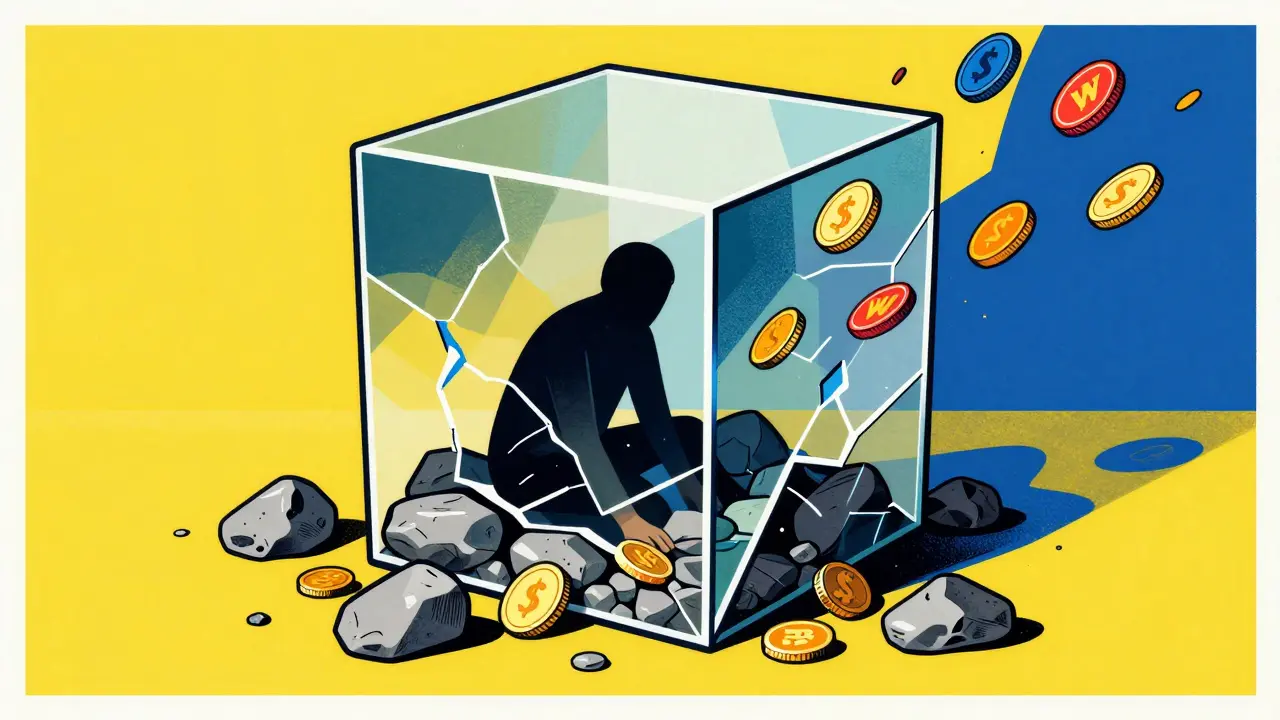 Graphic art showing a person trapped in a glass box with worthless tokens, unable to escape.