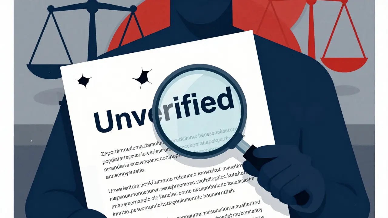 Graphic art showing an unverified crypto license with holes under a magnifier.