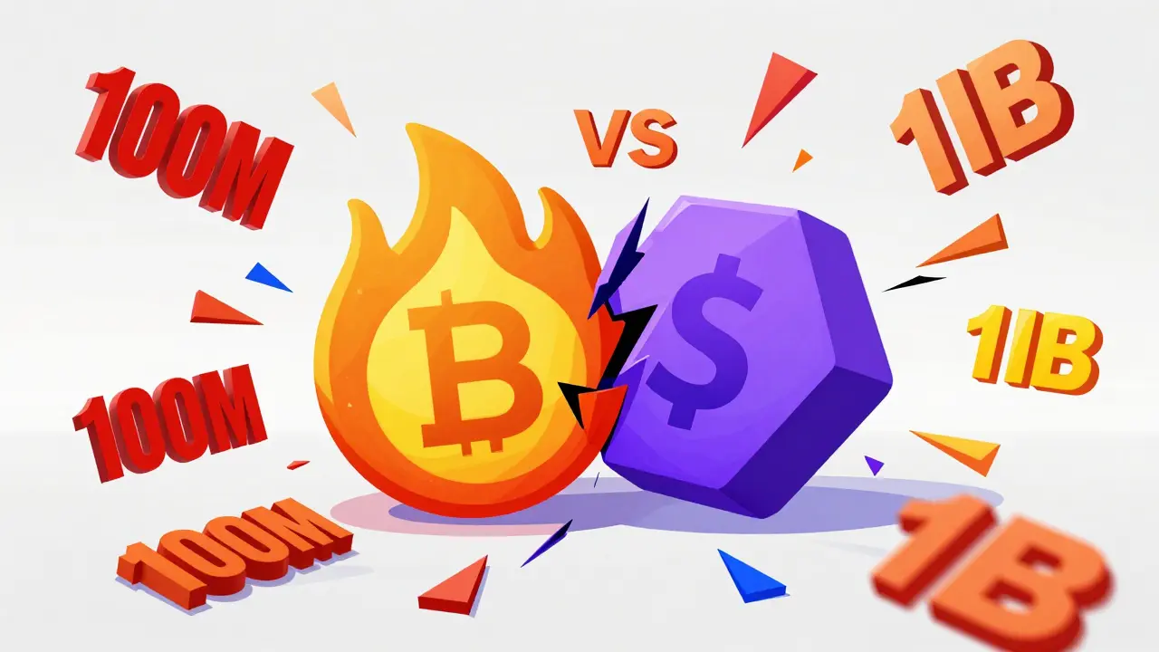 Graphic art showing clashing blockchain symbols and fragmented numbers representing conflicting data.