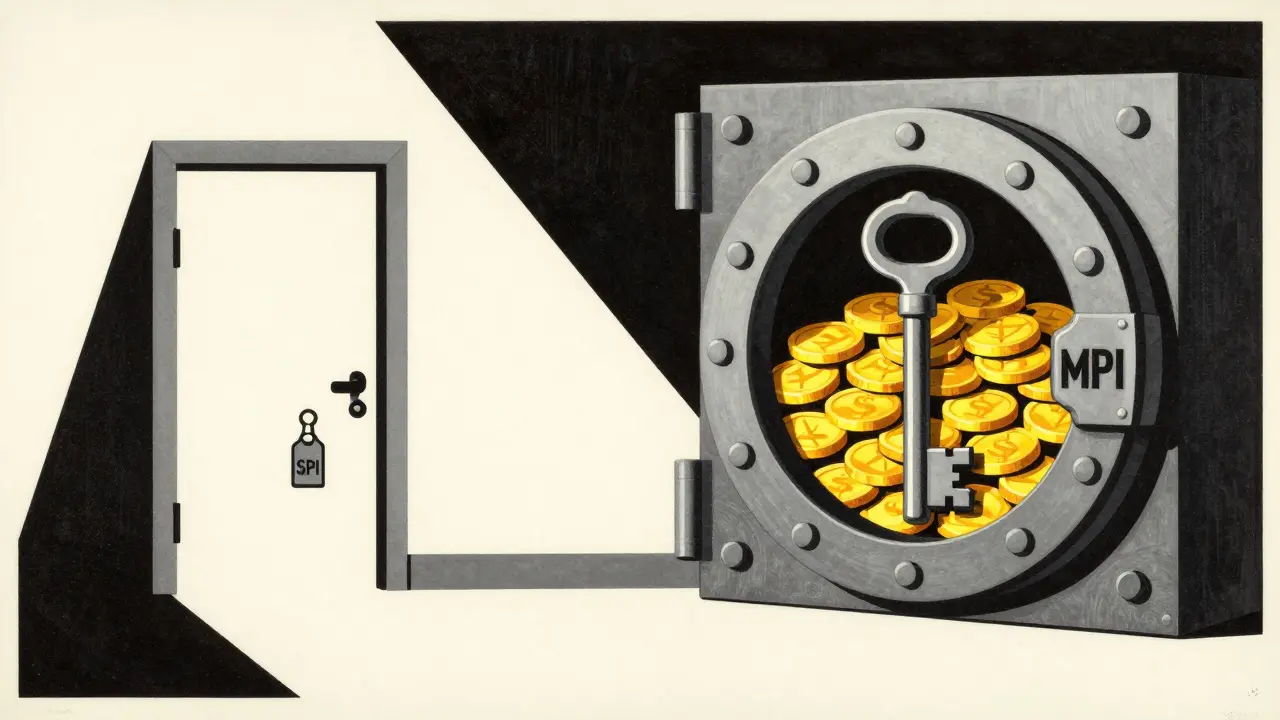 Graphic illustration comparing SPI and MPI license keys and vaults