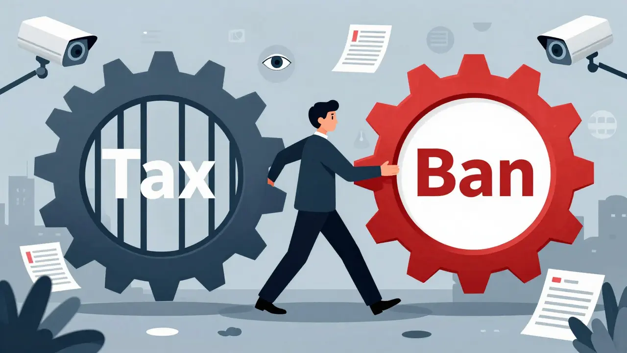 Graphic illustration of a citizen trapped between conflicting tax laws and illegal status.