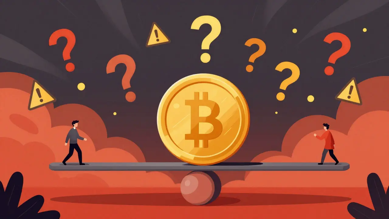Graphic illustration of a coin balancing against chaos and risk symbols