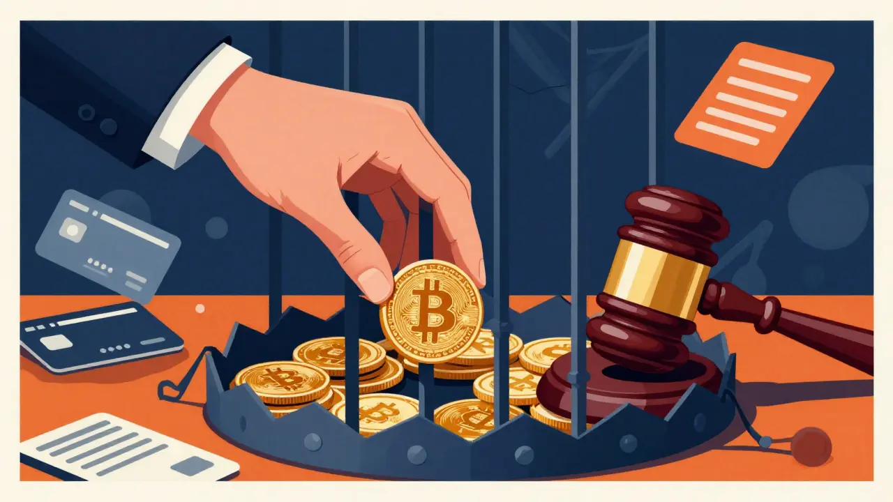 Hand caught in trap turning into prison bars, symbolizing crypto penalties