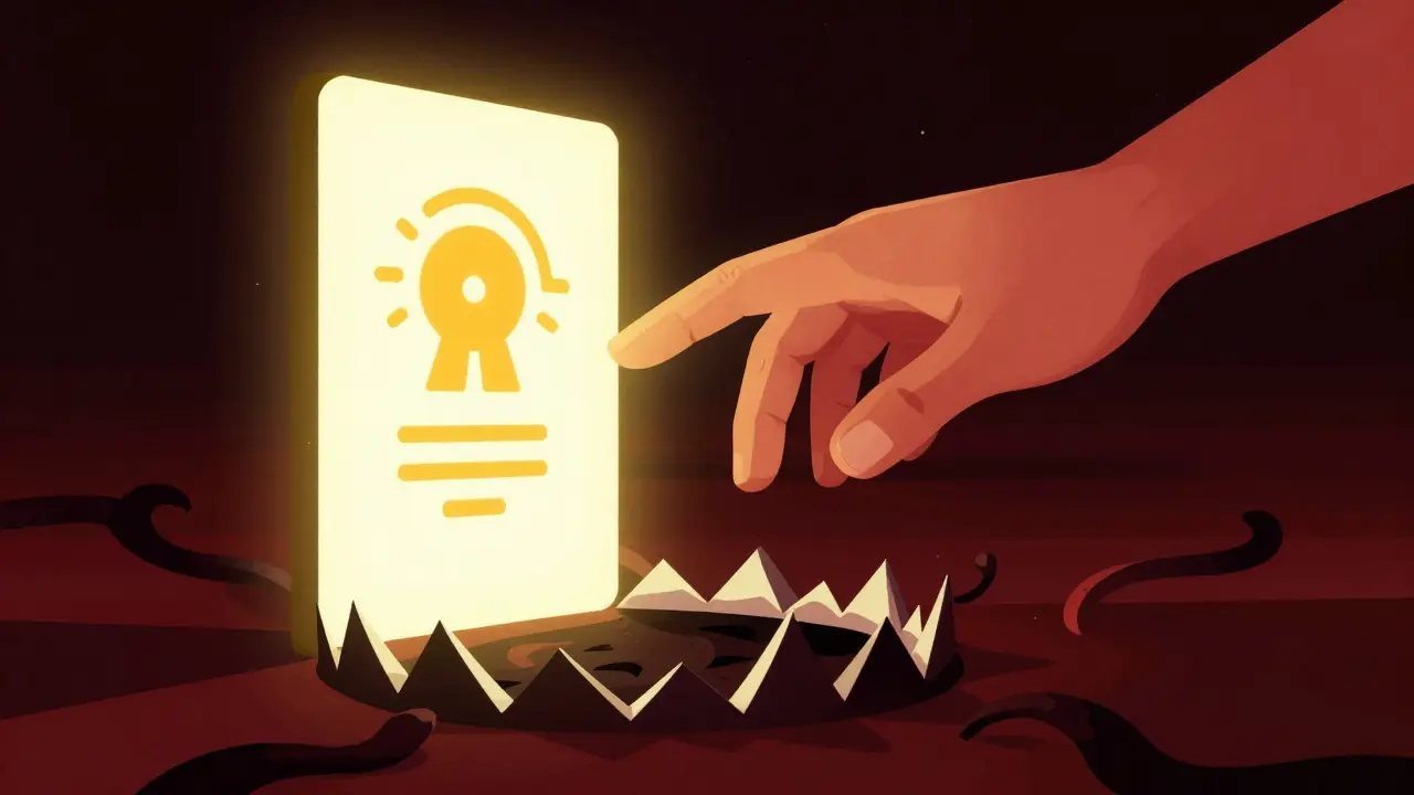 Hand reaching into a deceptive glowing portal hiding sharp teeth, illustrating phishing risks