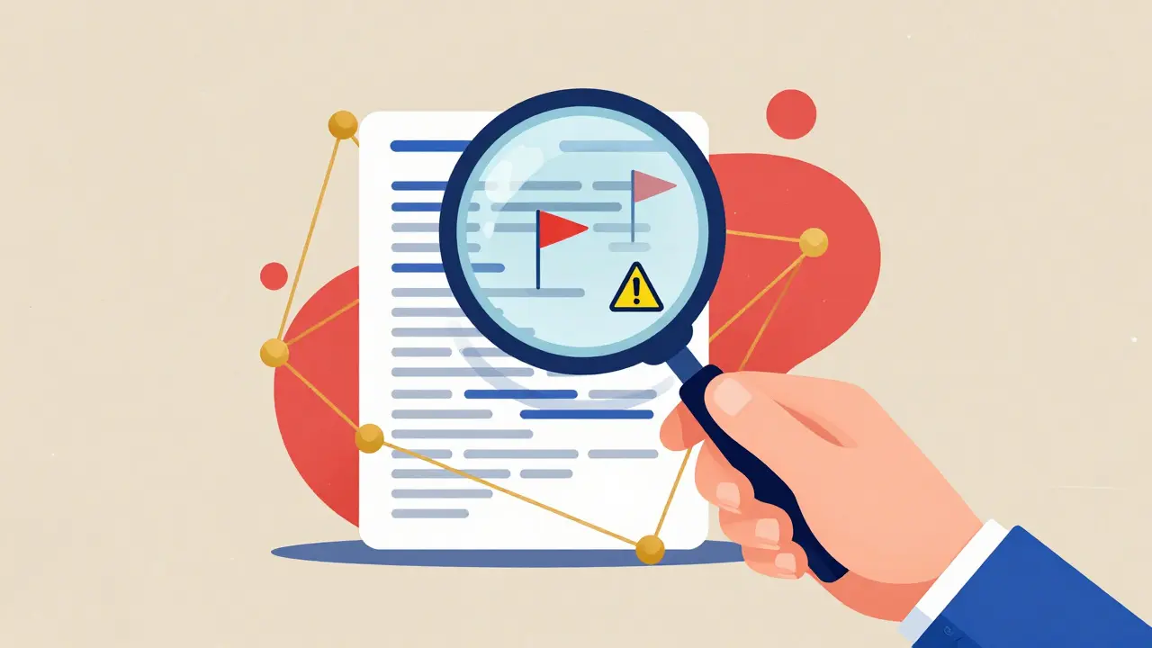 Hand with magnifying glass inspecting blockchain nodes for security red flags