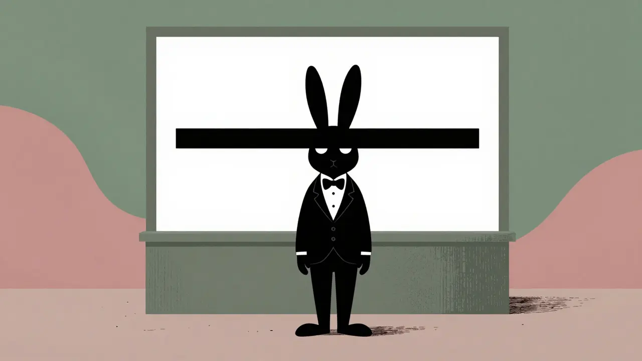Illustration of a formal rabbit NFT standing before an empty chart with a zero-value line.