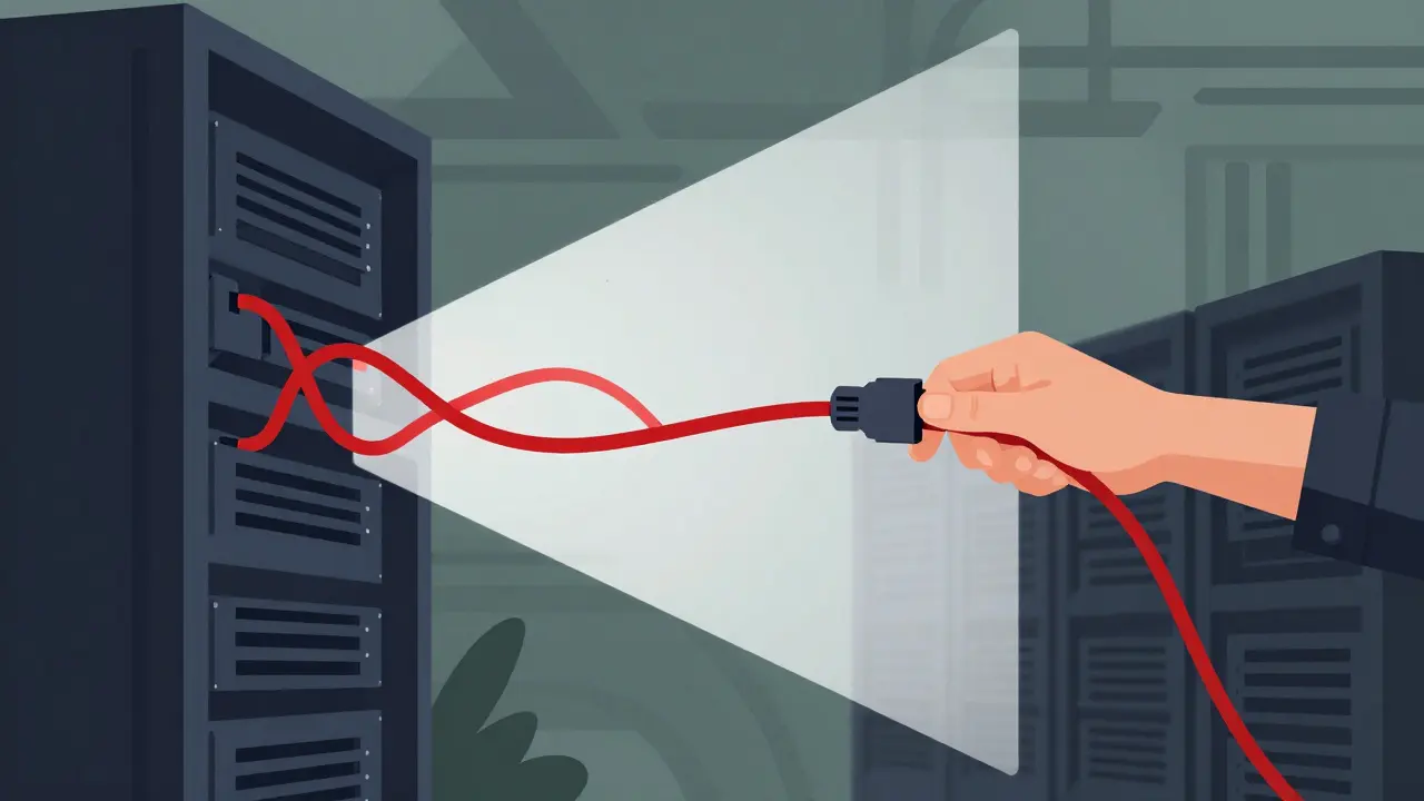 Illustration of a hand disconnecting a red cable from a dark server, symbolizing wallet security.