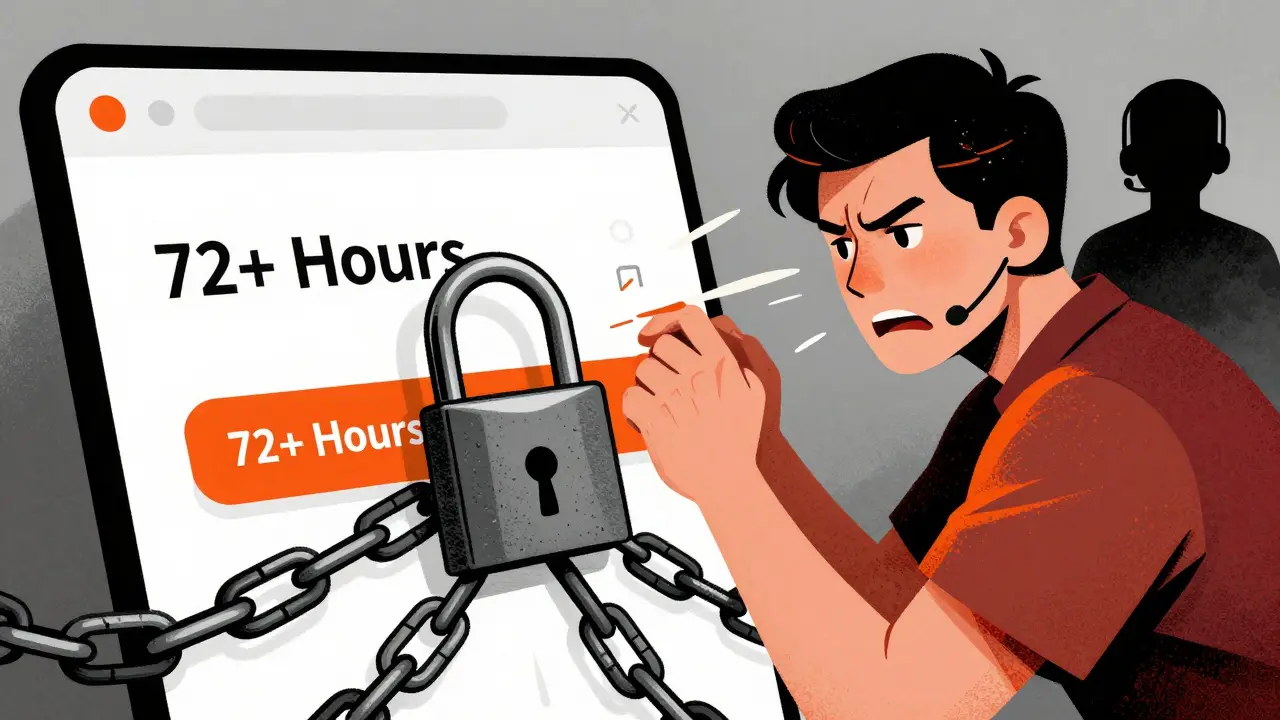 Illustration of a locked withdrawal button blocking user funds with chains.