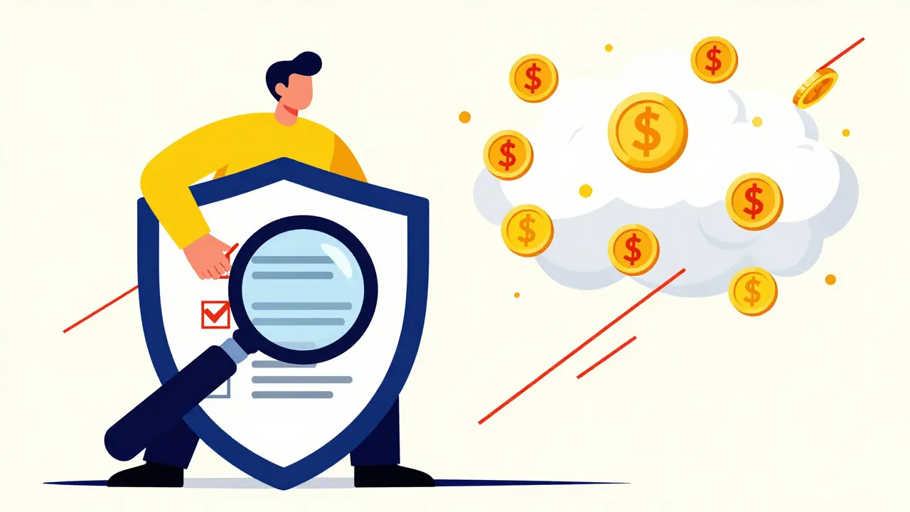 Person behind a shield protecting against floating scam coin symbols