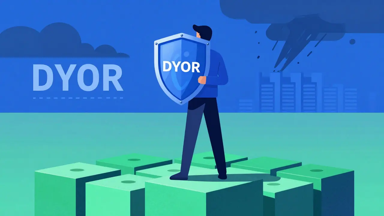 Person standing on secure blockchain blocks with a protective shield against chaos
