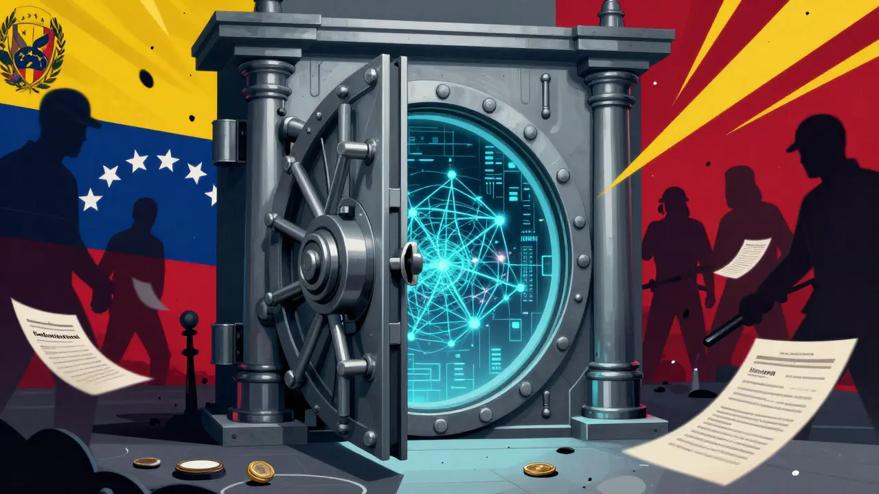 Poster-style image of a bank vault opening to reveal blockchain tech amidst political chaos and risk.