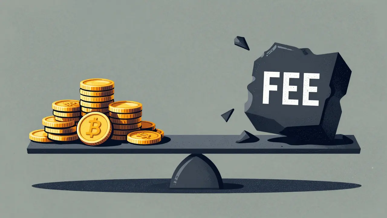 Seesaw balancing gold coins against a crumbling block, depicting fee earnings vs impermanent loss.