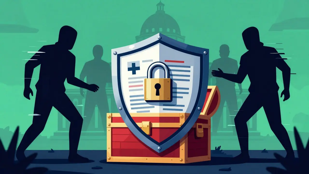 Shield protecting crypto assets from hackers with legal structures in background.