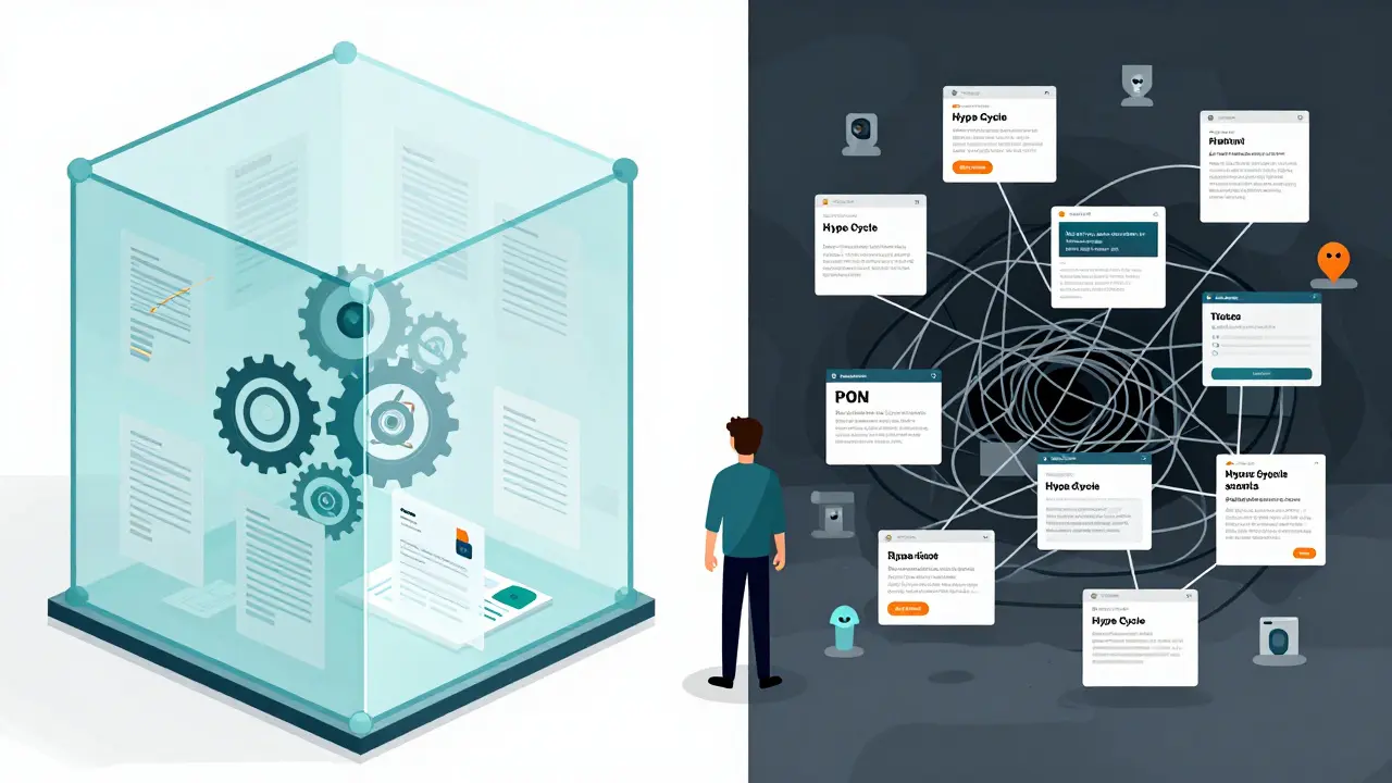 Split illustration contrasting transparent legitimate protocols with deceptive scam webs
