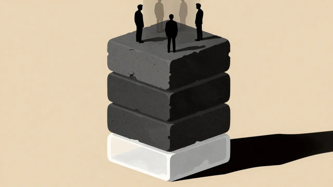 Stacked blocks hardening into solid layers representing blockchain confirmation security.