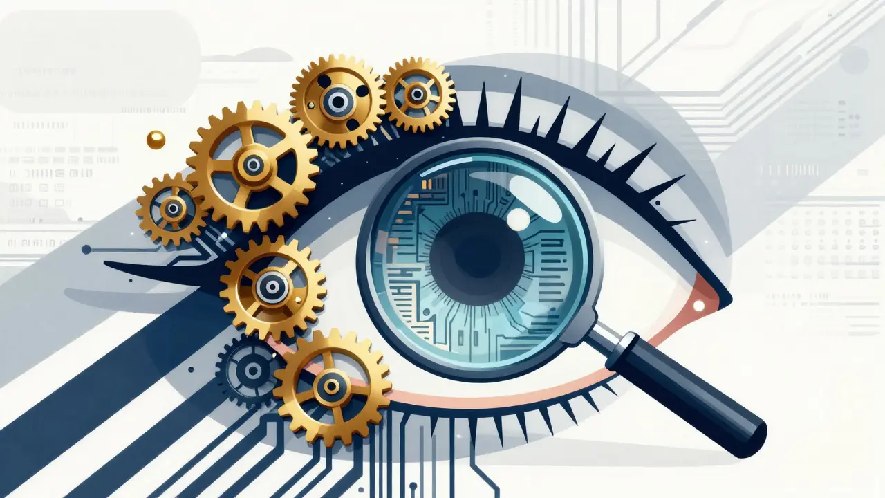 Stylized eye with gears examining blockchain data for security verification