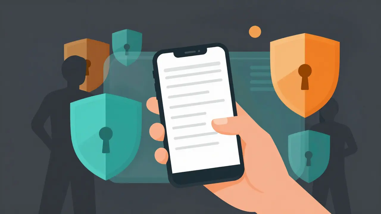 Stylized illustration of a device protected by geometric shields against shadowy intruders in a secure setting.