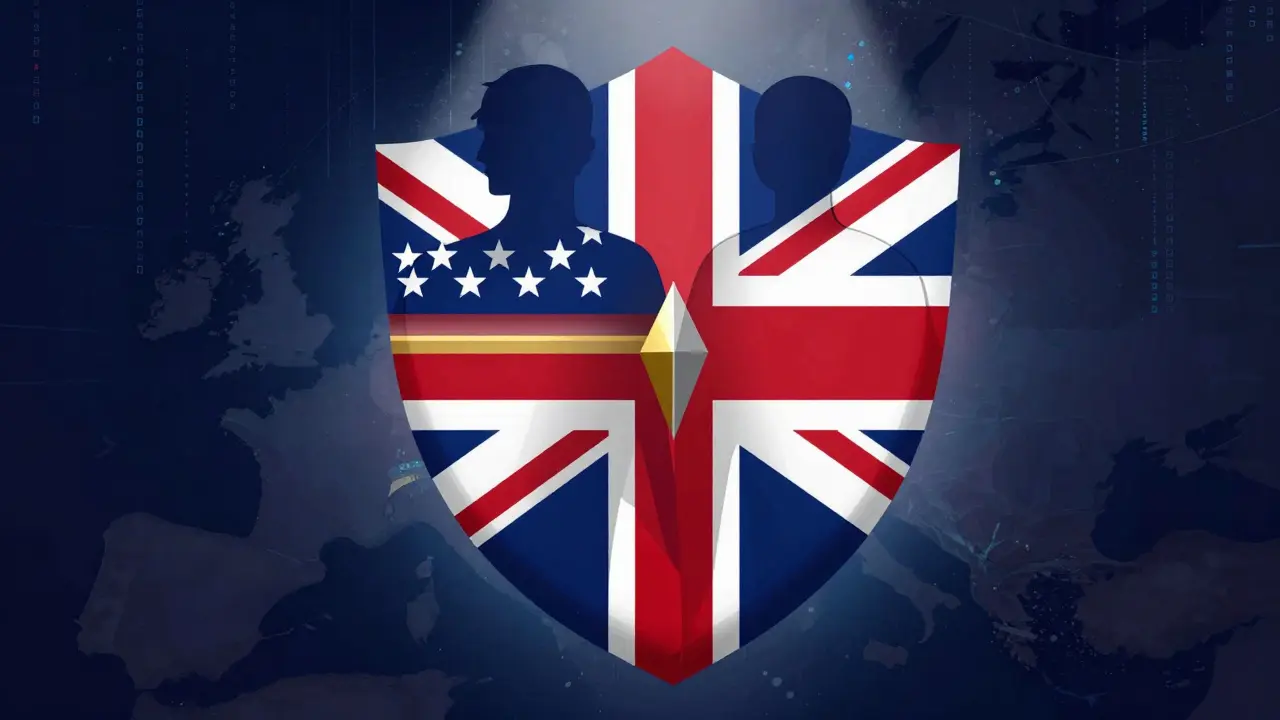Stylized US and UK figures forming a shield against digital data streams