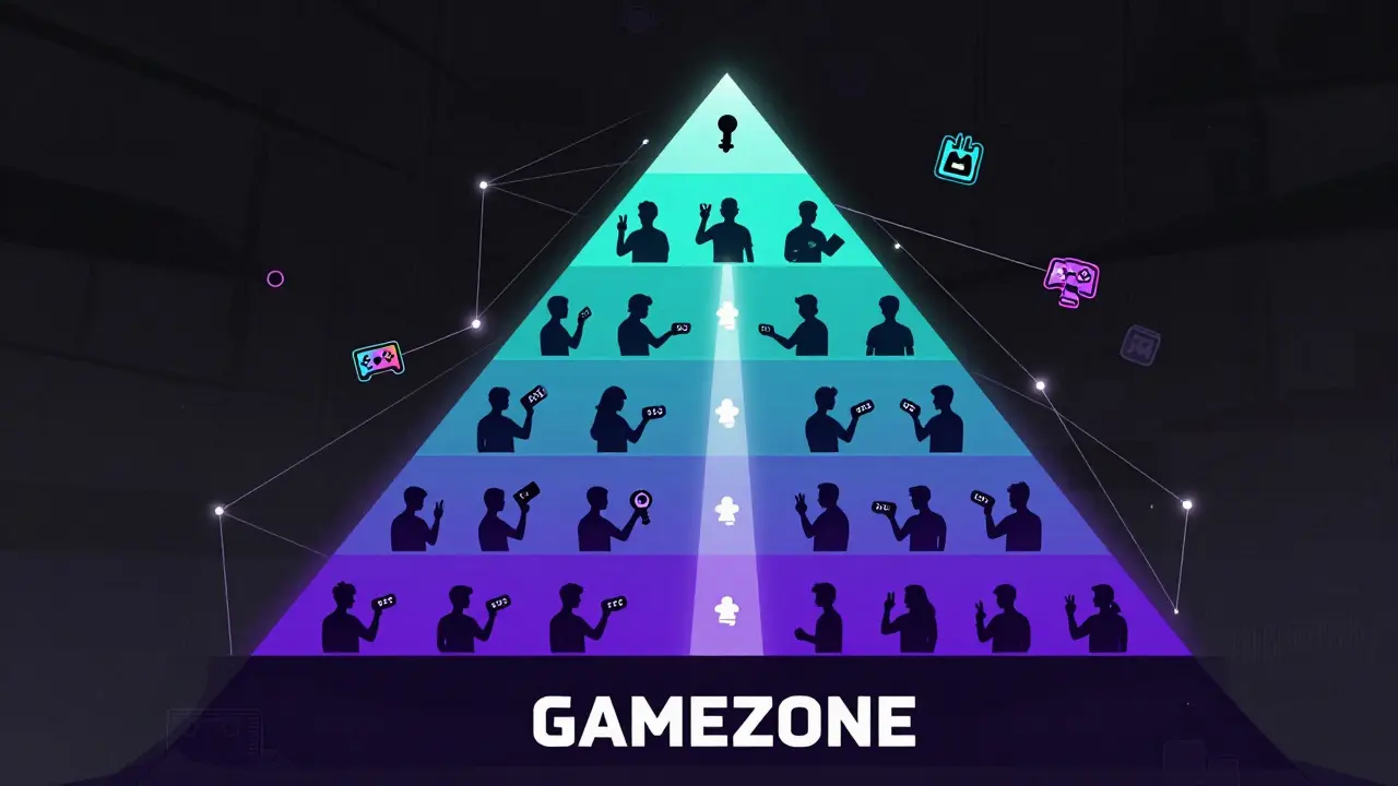 Tiered pyramid structure with gamers, illustrating hierarchical access levels