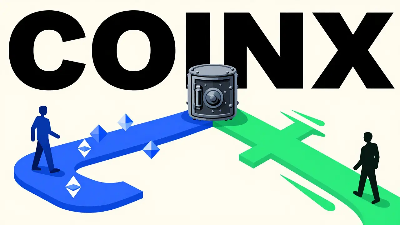 Two diverging paths representing Ethereum and Solana blockchains for COINX