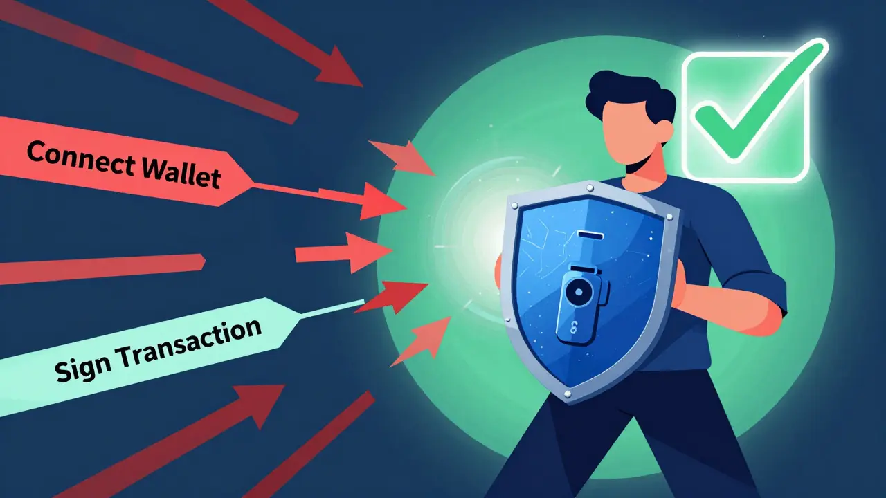 User protecting wallet with shield against scam arrows