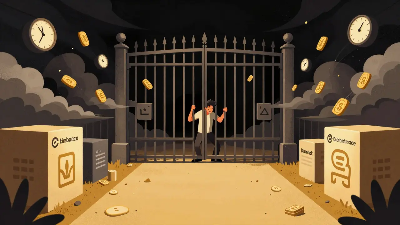 User trapped behind iron gates trying to withdraw blocked crypto funds.
