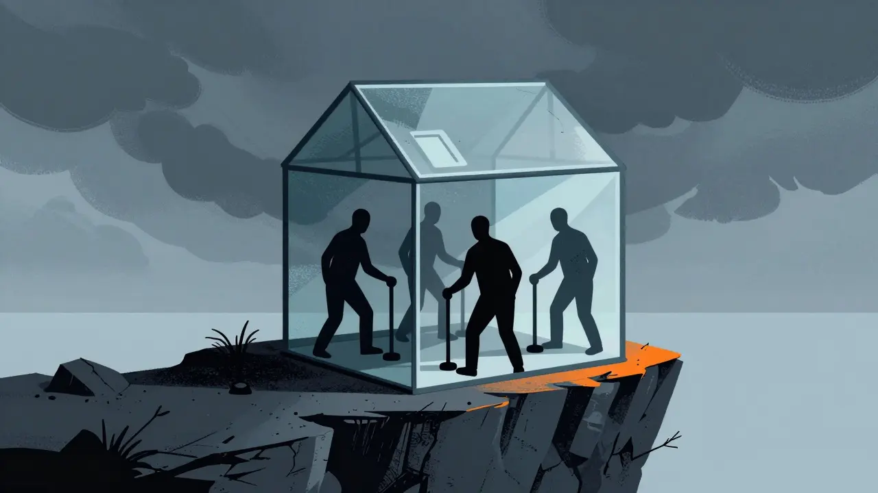 A fragile glass house on a cliff edge symbolizing the high risk of the investment.