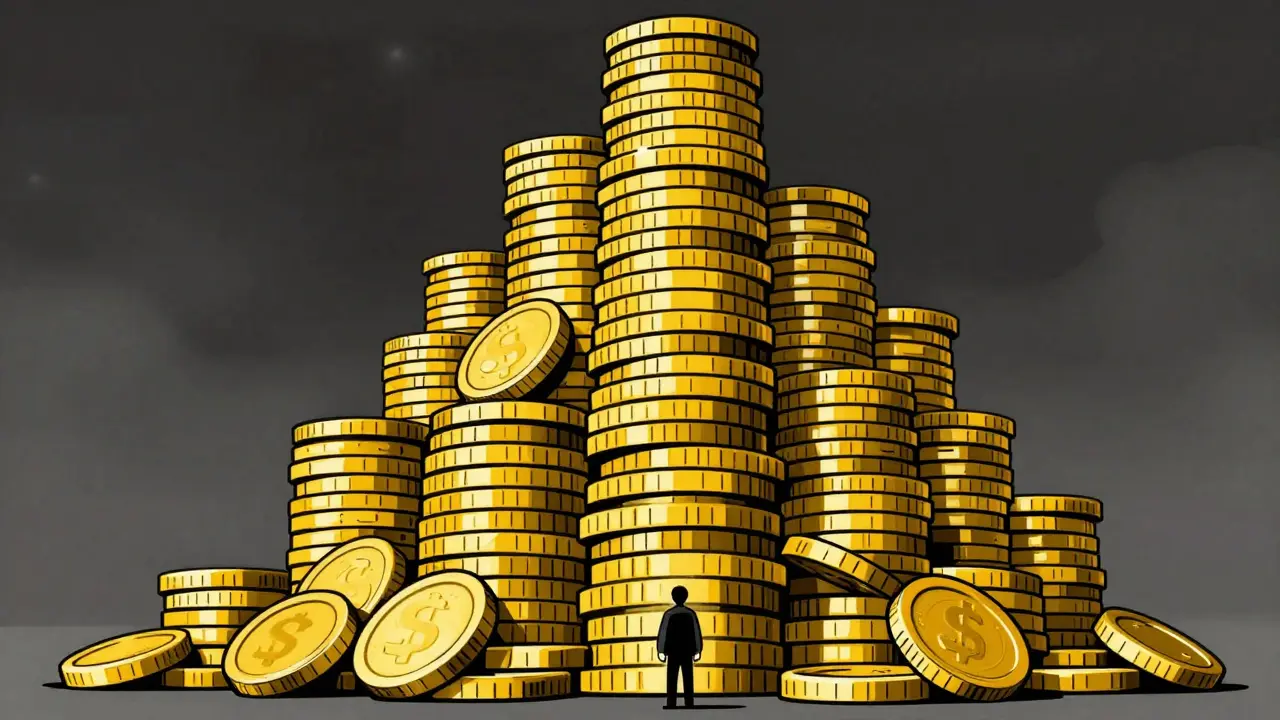 A tiny person dwarfed by a massive tower of coins illustrating the huge token supply.