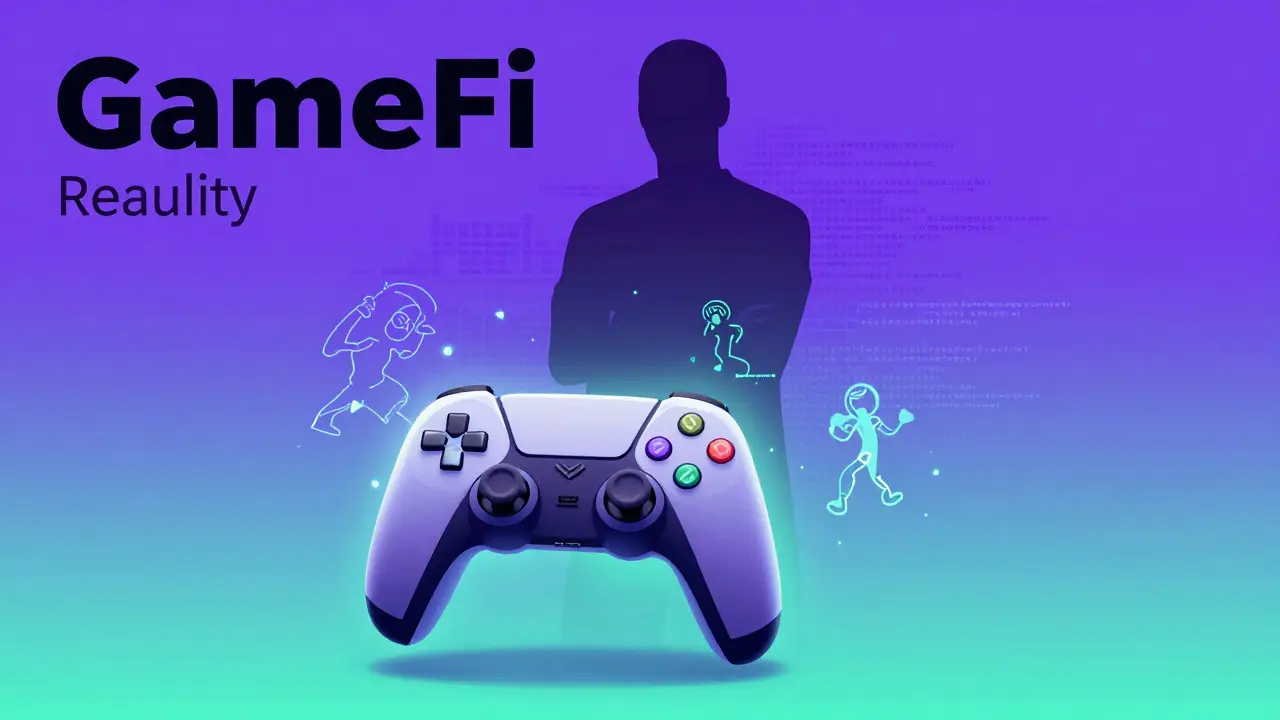 Abstract art of a floating game controller with shadowy developers in a digital void.