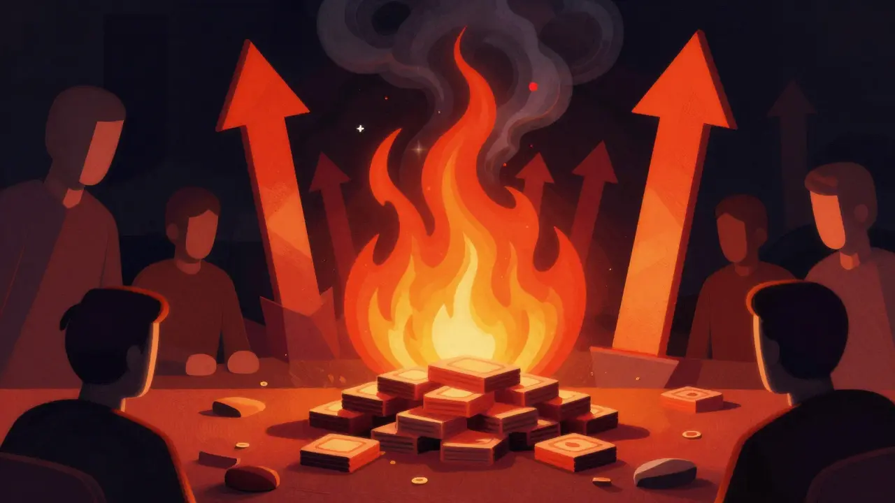Abstract art of fire burning token blocks with smoke forming upward arrows, illustrating the buy-and-burn mechanism.